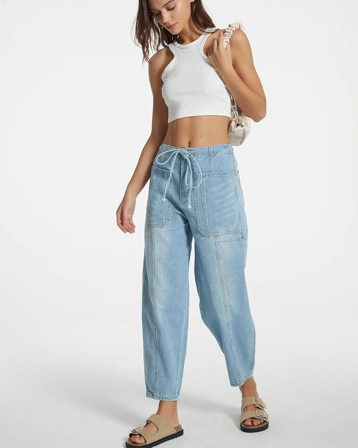 Women Casual Loose Cropped Pants Denim Bloomers Elastic Waist with Pockets