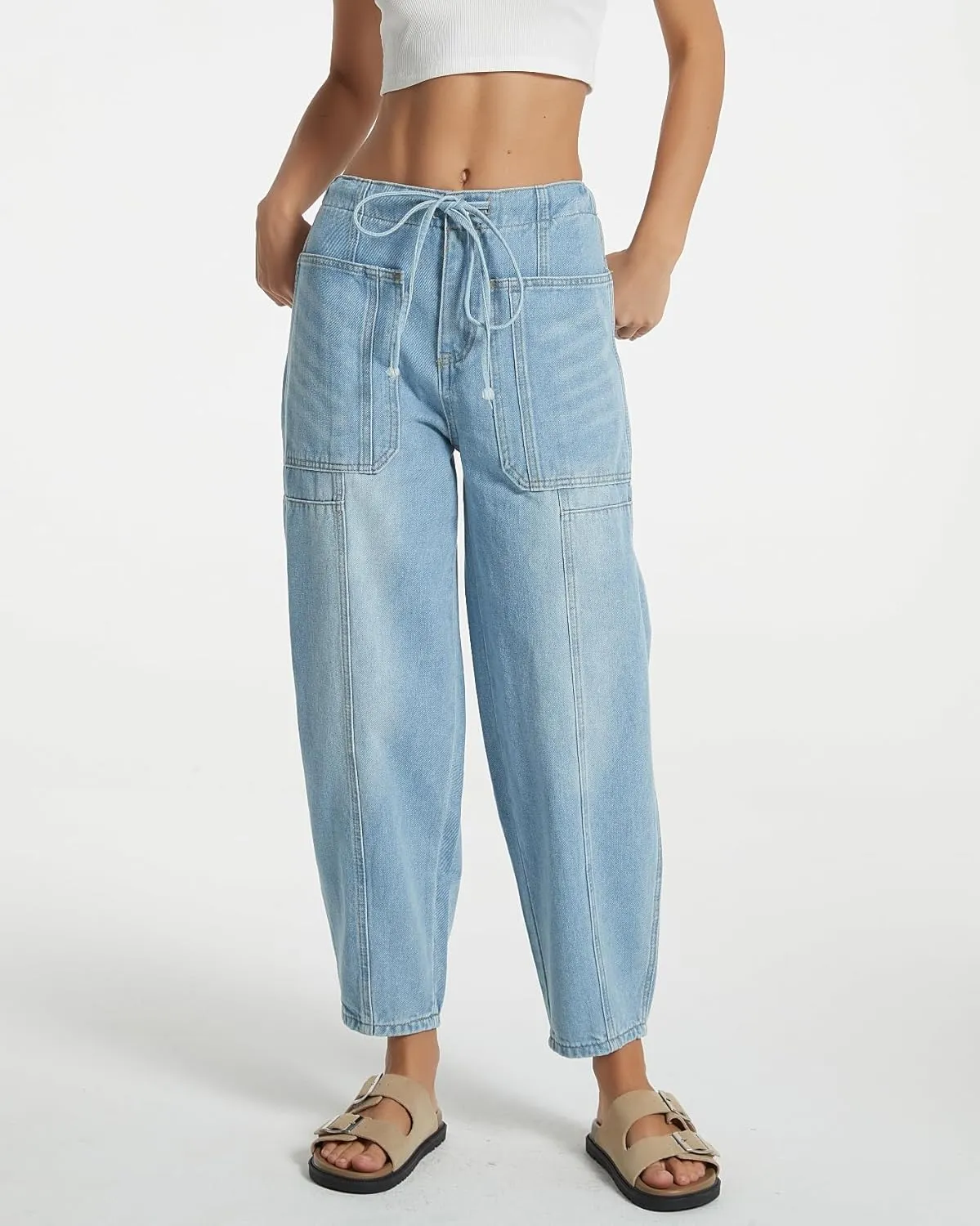 Women Casual Loose Cropped Pants Denim Bloomers Elastic Waist with Pockets