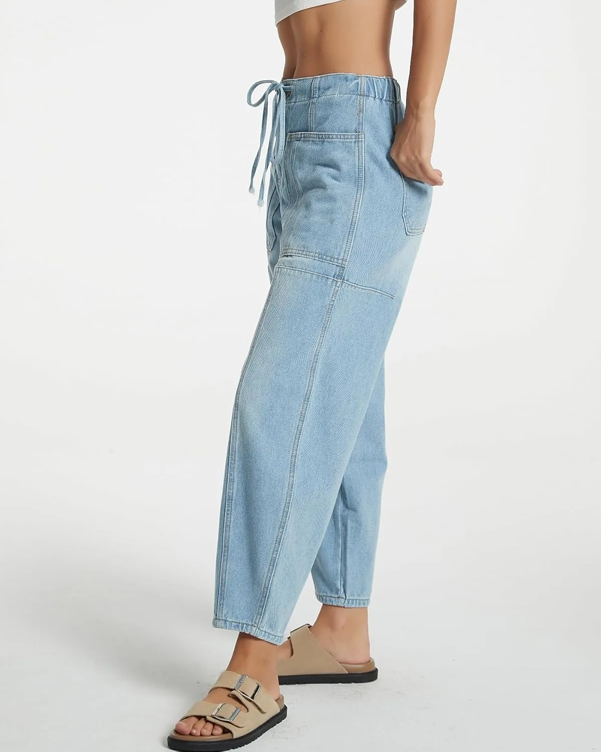 Women Casual Loose Cropped Pants Denim Bloomers Elastic Waist with Pockets