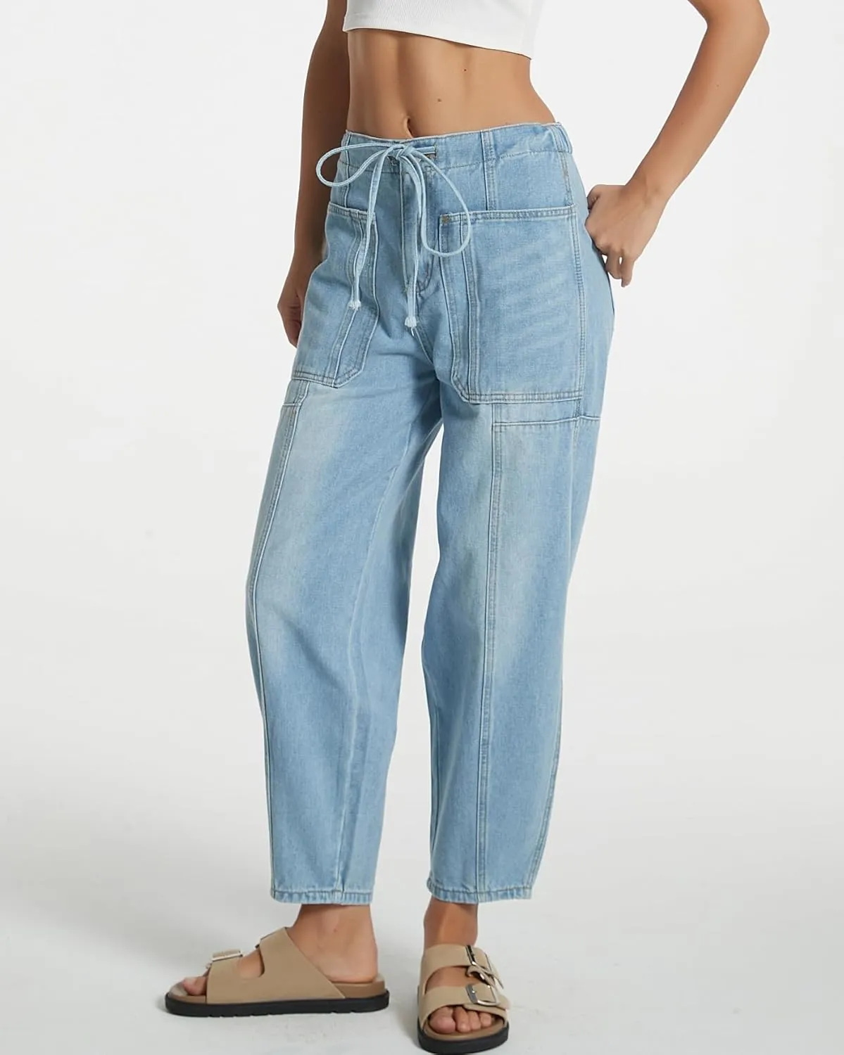 Women Casual Loose Cropped Pants Denim Bloomers Elastic Waist with Pockets