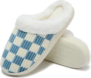 Women House Fuzzy Slippers - Plaid Scuff Checkered Slip-on Memory Foam Indoor Outdoor Comfortable Soft Slides