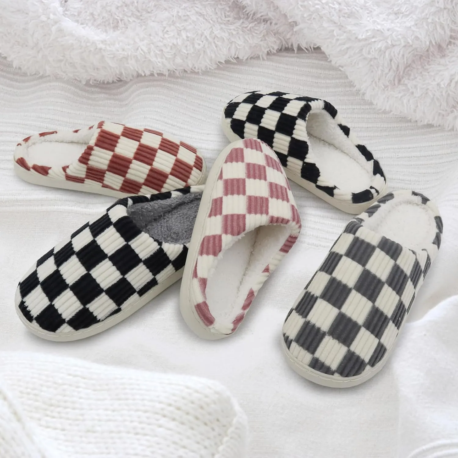 Women House Fuzzy Slippers - Plaid Scuff Checkered Slip-on Memory Foam Indoor Outdoor Comfortable Soft Slides