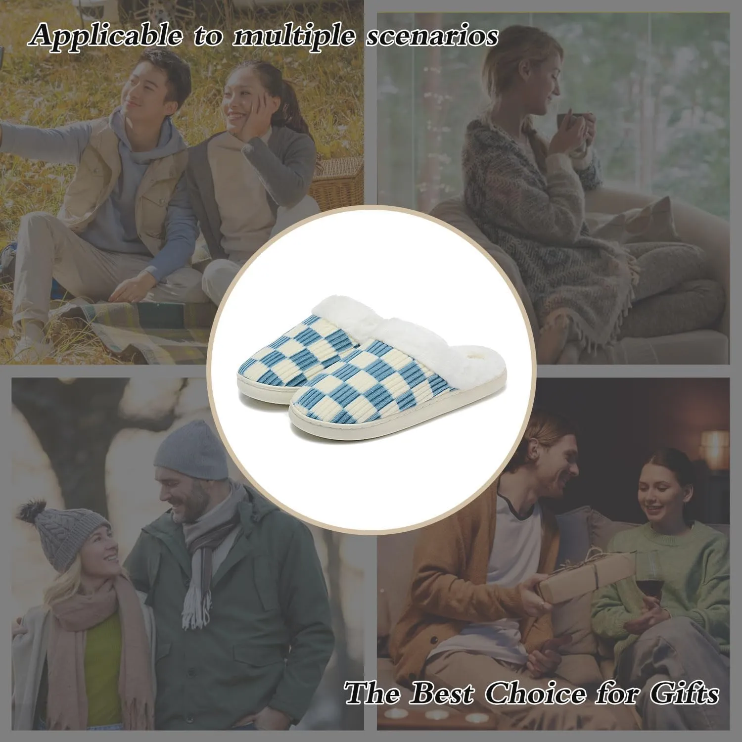 Women House Fuzzy Slippers - Plaid Scuff Checkered Slip-on Memory Foam Indoor Outdoor Comfortable Soft Slides