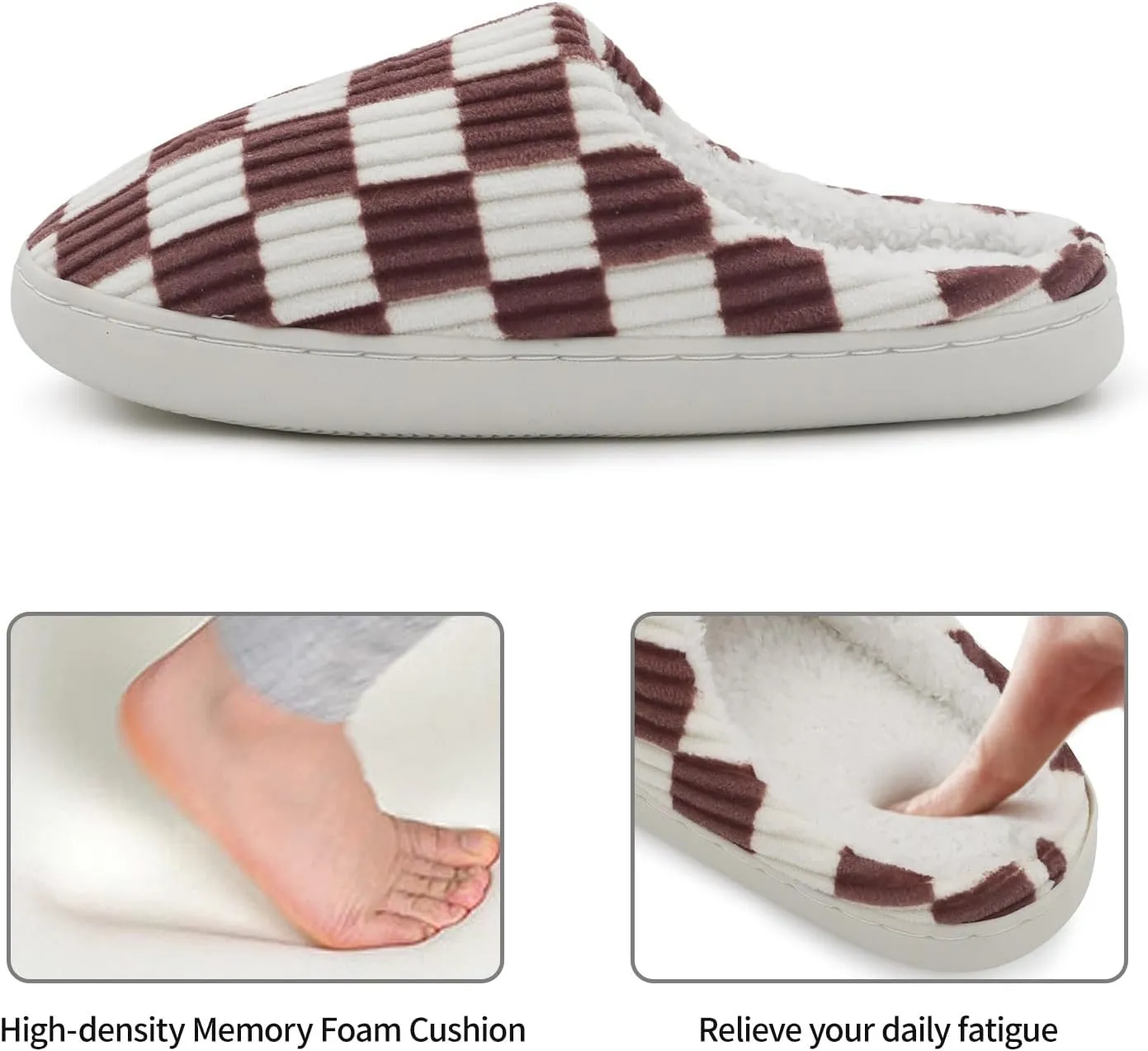 Women House Fuzzy Slippers - Plaid Scuff Checkered Slip-on Memory Foam Indoor Outdoor Comfortable Soft Slides