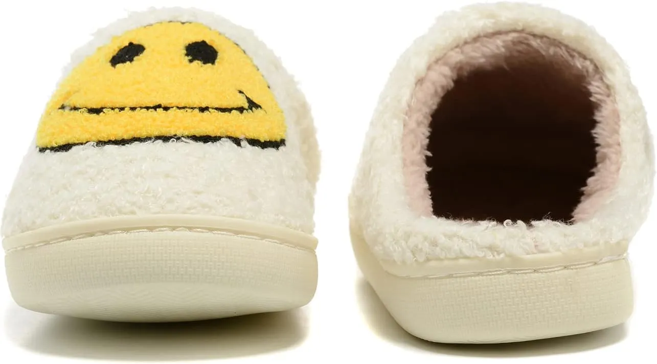 Women Men Retro Fuzzy Face Slippers Retro Soft Fluffy Warm Home Non-Slip Couple Style Casual Happy Face Slippers Soft Memory Foam Fuzzy Slides Indoor Outdoor Anti-Skid Warm Cozy Foam Slide
