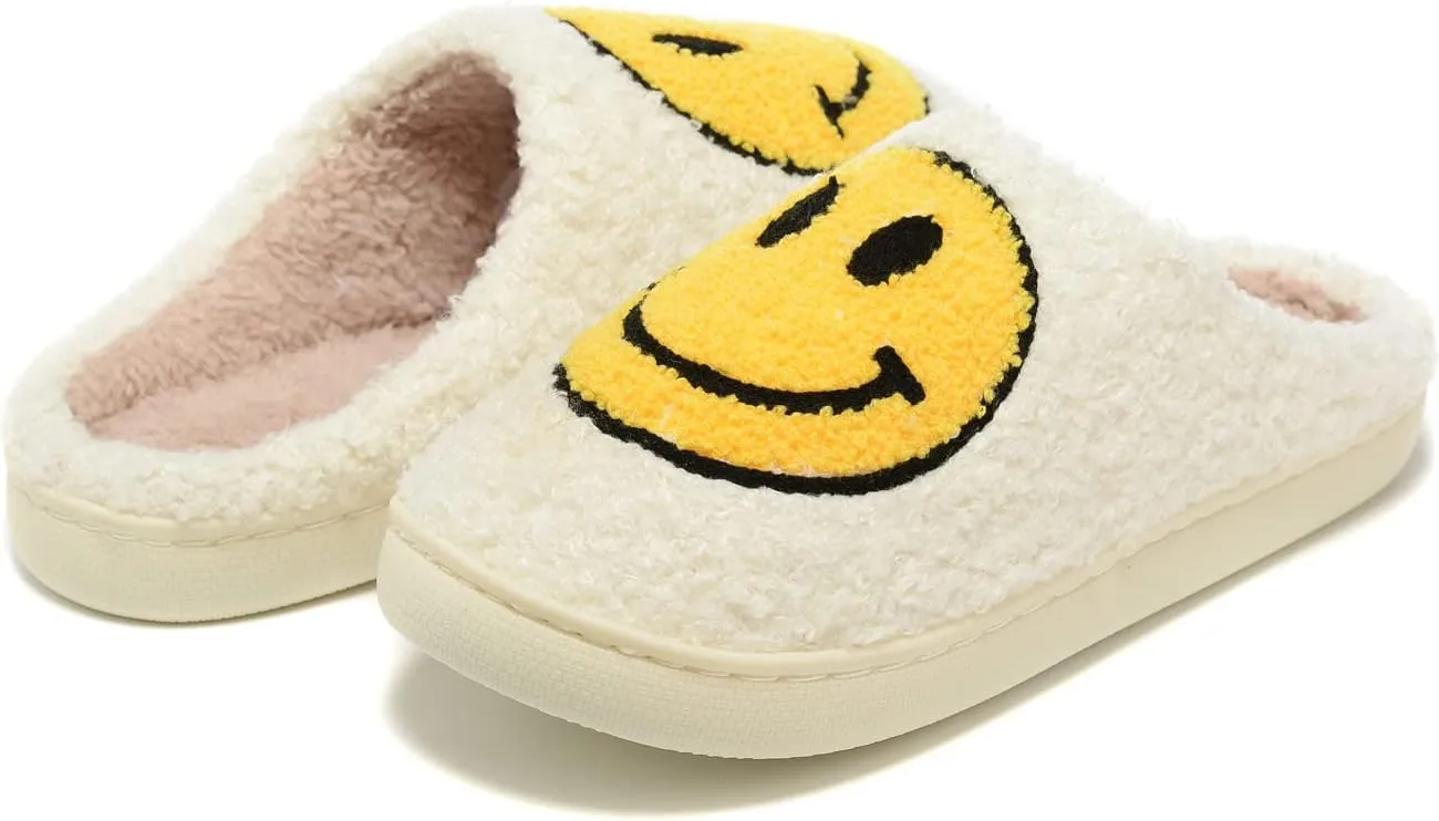 Women Men Retro Fuzzy Face Slippers Retro Soft Fluffy Warm Home Non-Slip Couple Style Casual Happy Face Slippers Soft Memory Foam Fuzzy Slides Indoor Outdoor Anti-Skid Warm Cozy Foam Slide