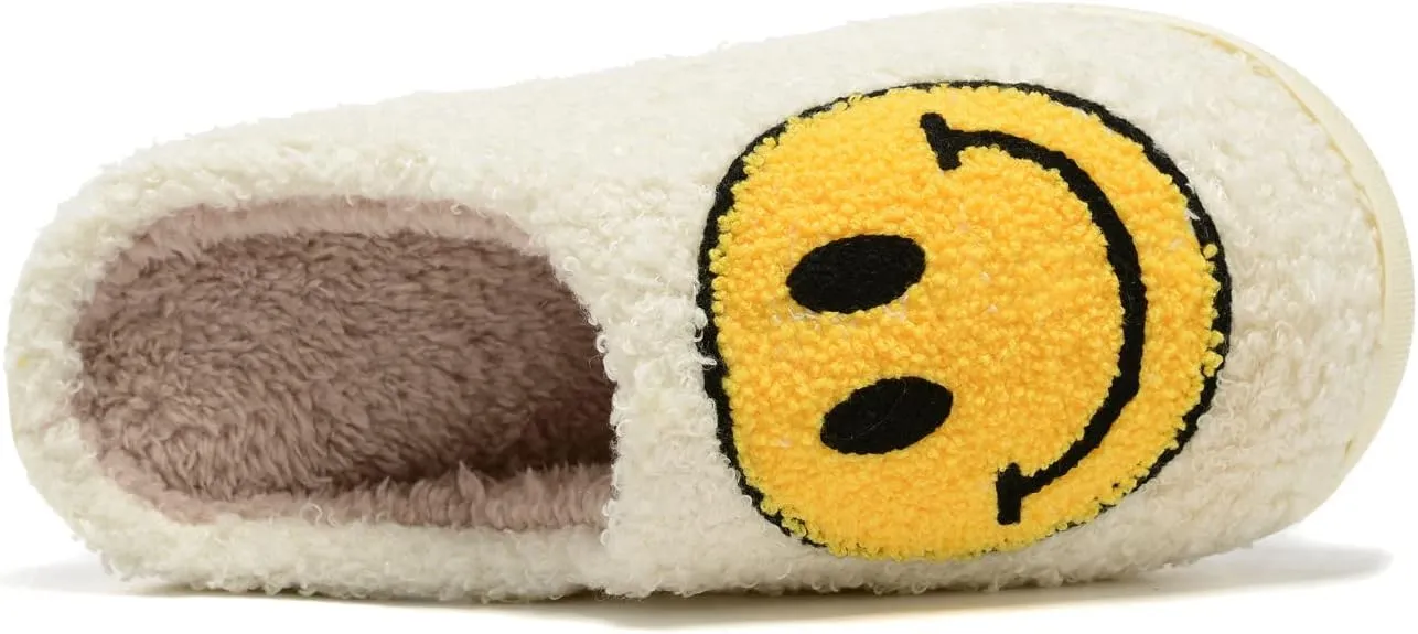 Women Men Retro Fuzzy Face Slippers Retro Soft Fluffy Warm Home Non-Slip Couple Style Casual Happy Face Slippers Soft Memory Foam Fuzzy Slides Indoor Outdoor Anti-Skid Warm Cozy Foam Slide