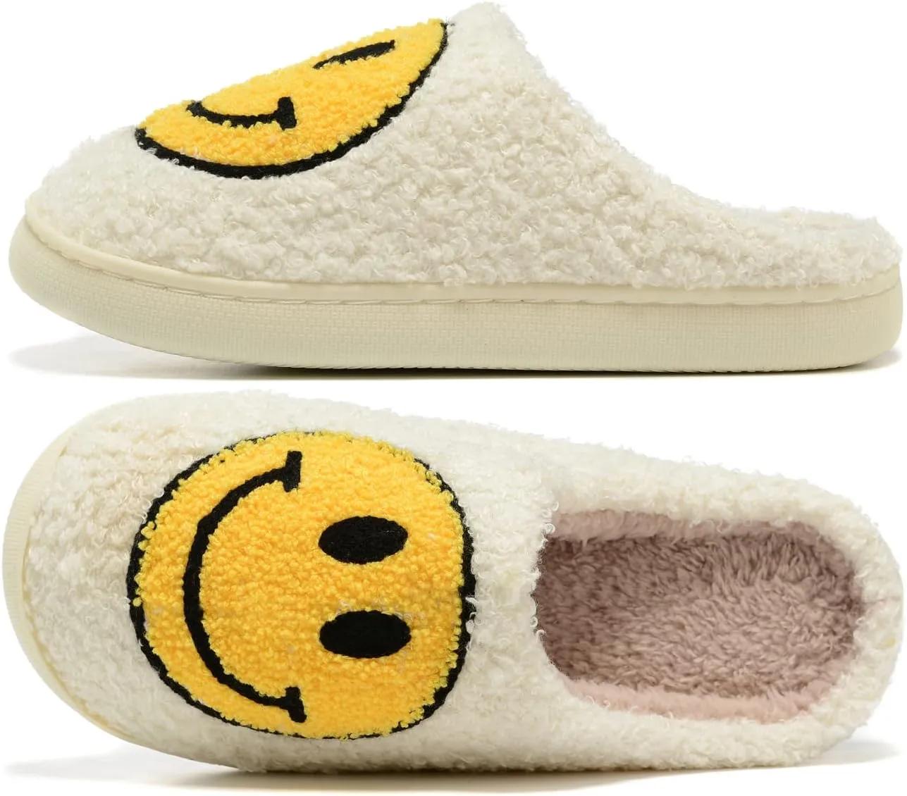 Women Men Retro Fuzzy Face Slippers Retro Soft Fluffy Warm Home Non-Slip Couple Style Casual Happy Face Slippers Soft Memory Foam Fuzzy Slides Indoor Outdoor Anti-Skid Warm Cozy Foam Slide