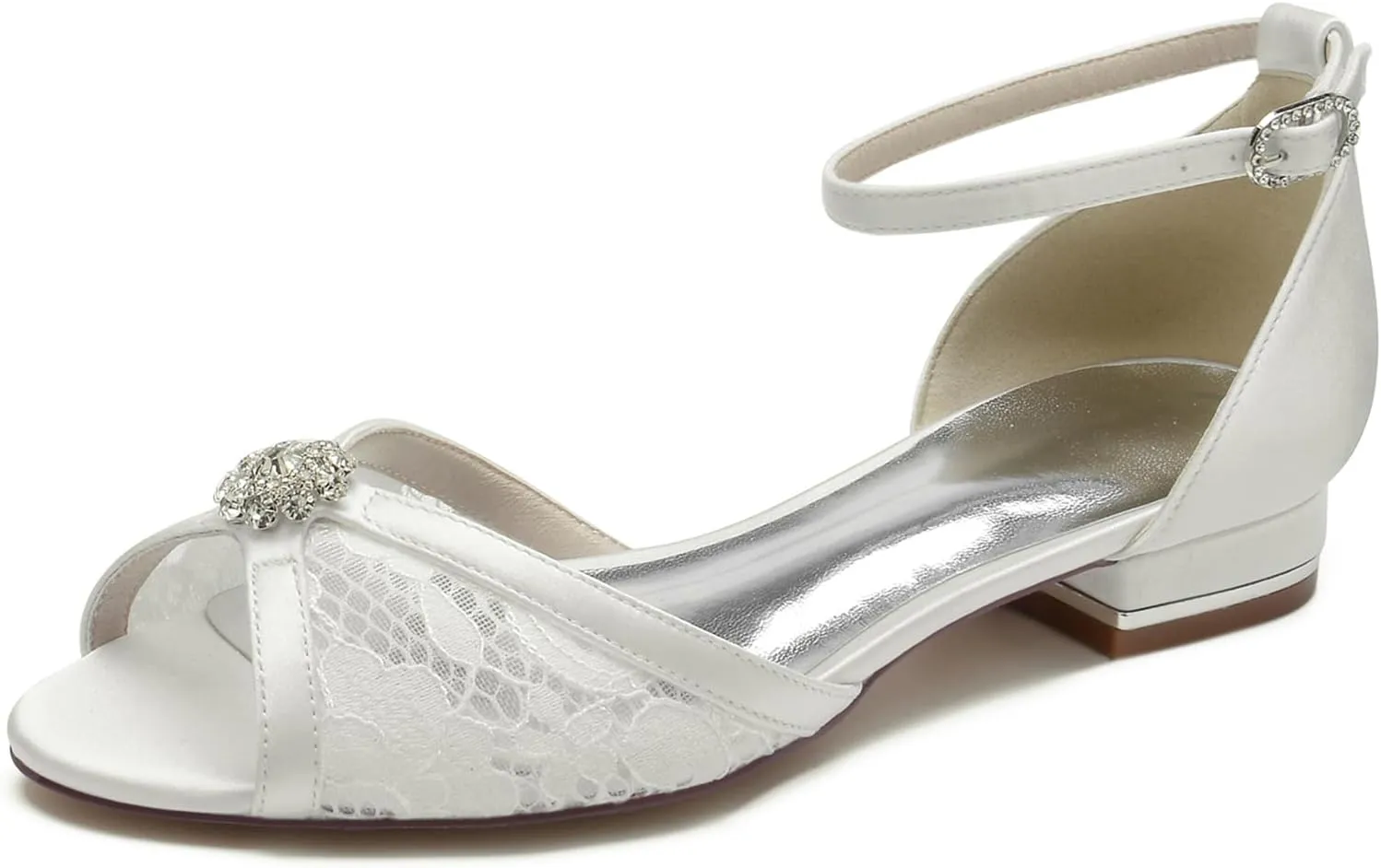 Women Peep Toe Flats Wedding Bridal Shoes Lace Satin Rhinestone Sandals Ankle Strap Party Prom Sandals