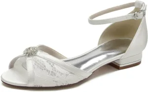 Women Peep Toe Flats Wedding Bridal Shoes Lace Satin Rhinestone Sandals Ankle Strap Party Prom Sandals