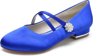 Women Satin Cross Ankle Strap Ballet Flat Closed Toe with Rhinestone Bridal Shoes Slip-On Low Heel Dress Shoes