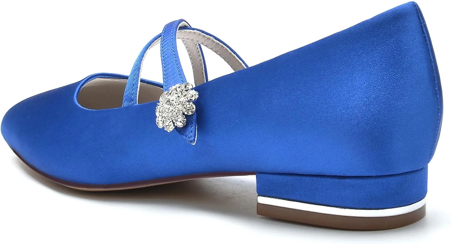 Women Satin Cross Ankle Strap Ballet Flat Closed Toe with Rhinestone Bridal Shoes Slip-On Low Heel Dress Shoes