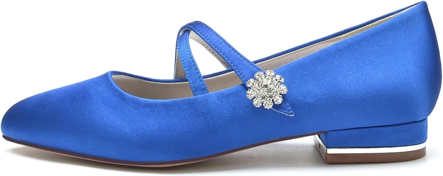 Women Satin Cross Ankle Strap Ballet Flat Closed Toe with Rhinestone Bridal Shoes Slip-On Low Heel Dress Shoes