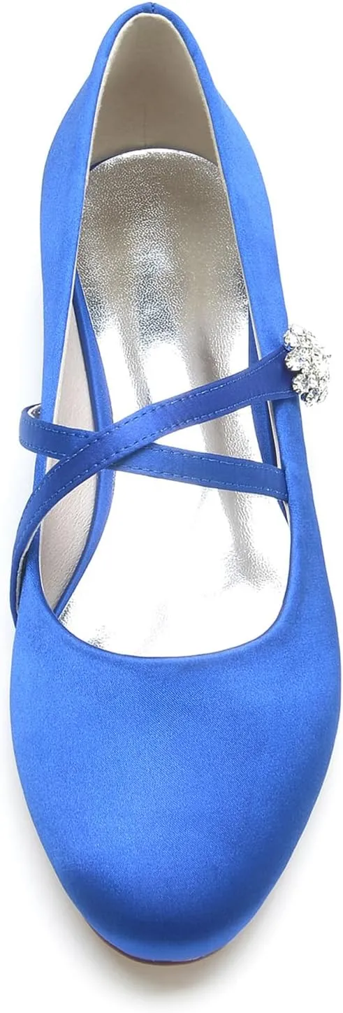 Women Satin Cross Ankle Strap Ballet Flat Closed Toe with Rhinestone Bridal Shoes Slip-On Low Heel Dress Shoes