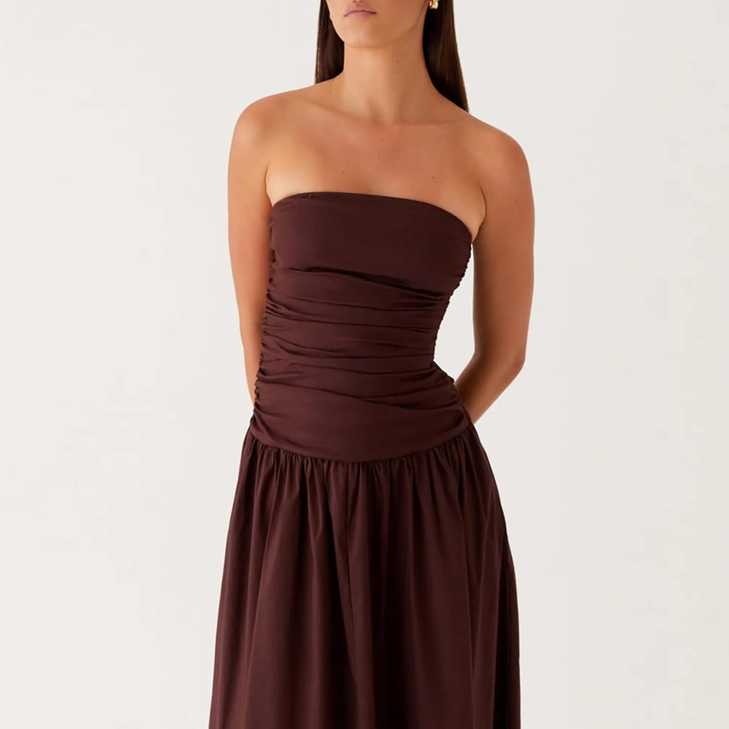 Women Sexy Strapless Maxi Dress Elegant Tube Long Dress Ruched Boat Neck Backless Sleeveless Flowy Sun Dresses