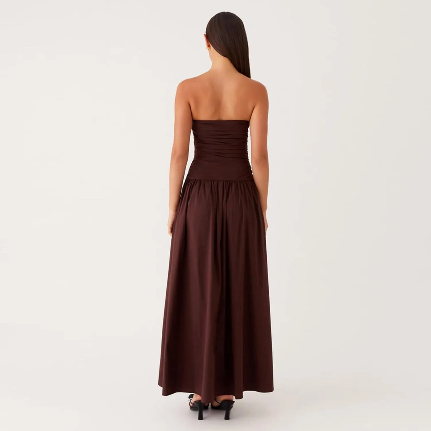 Women Sexy Strapless Maxi Dress Elegant Tube Long Dress Ruched Boat Neck Backless Sleeveless Flowy Sun Dresses