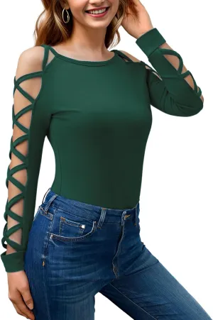 Women Sexy Tops Cold Shoulder Criss-Cross Long Sleeve Shirt Dressy Casual Hollow Cut Out Night Club Party Blouse