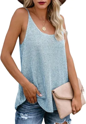 Women Summer Spaghetti Strap Tank Tops Vacation Modest Blouse Lightweight Solid Color T-Shirt