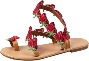 Women Summer Strawberry Decoration Flock Slip On Casual Open Toe Flat Soft Bottom Platform Sandals for Women Slip on