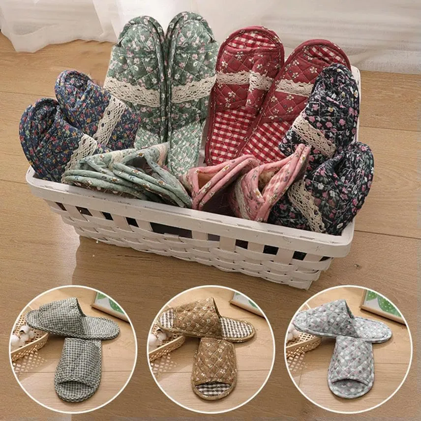 Women Vintage Home Slippers Soft Cotton Floral Floor Shoes Toe Sole Slippers Non-Slip Bedroom Couple