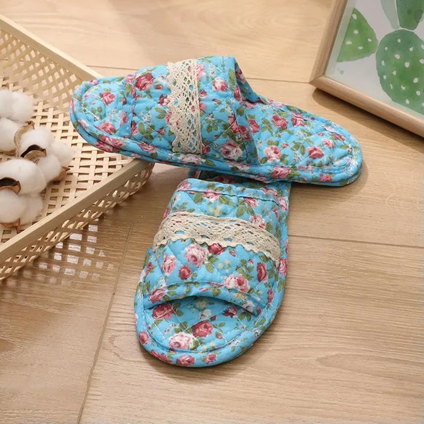Women Vintage Home Slippers Soft Cotton Floral Floor Shoes Toe Sole Slippers Non-Slip Bedroom Couple