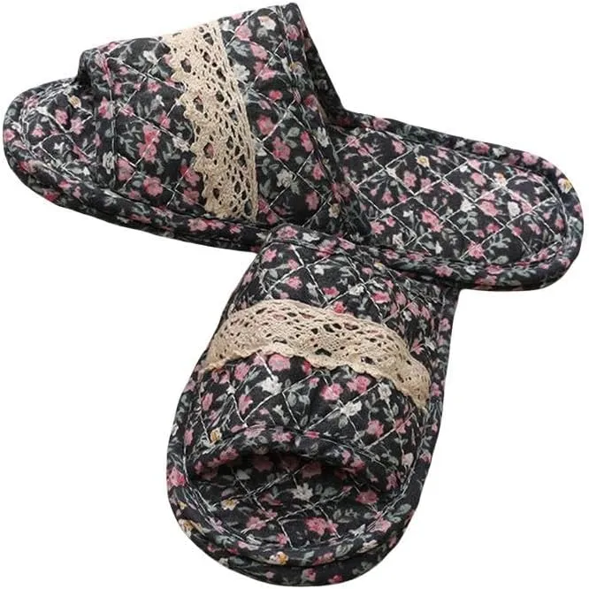 Women Vintage Home Slippers Soft Cotton Floral Floor Shoes Toe Sole Slippers Non-Slip Bedroom Couple