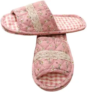 Women Vintage Home Slippers Soft Cotton Floral Floor Shoes Toe Sole Slippers Non-Slip Bedroom Couple
