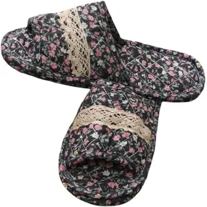 Women Vintage Home Slippers Soft Cotton Floral Floor Shoes Toe Sole Slippers Non-Slip Bedroom Couple