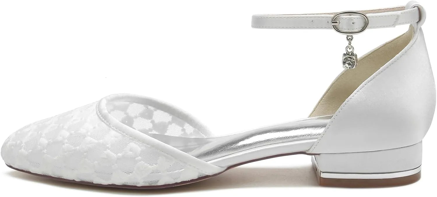 Women Wedding Flats Satin Mesh Shoes Closed Toe Bridal Ankle Buckle Shoes Low Heel Ballet Flat Sandles