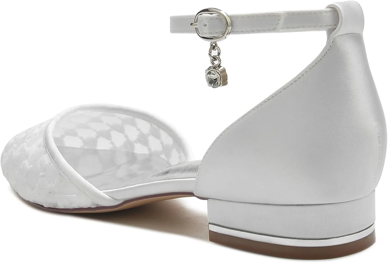 Women Wedding Flats Satin Mesh Shoes Closed Toe Bridal Ankle Buckle Shoes Low Heel Ballet Flat Sandles