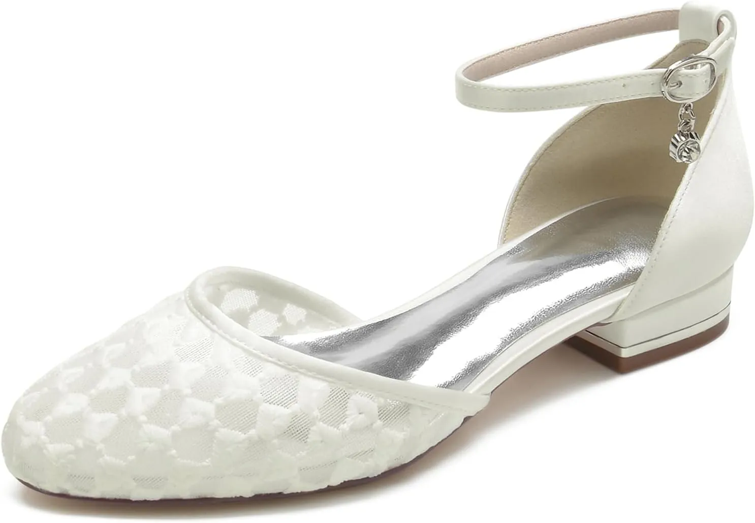 Women Wedding Flats Satin Mesh Shoes Closed Toe Bridal Ankle Buckle Shoes Low Heel Ballet Flat Sandles
