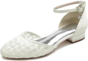 Women Wedding Flats Satin Mesh Shoes Closed Toe Bridal Ankle Buckle Shoes Low Heel Ballet Flat Sandles