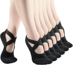 Women's 6-Pack Black Padded Cushion Non-Slip Piyo Barre Pilate Ballet Yoga Socks with Grips, Size 4-9