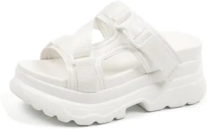 Women's Adjustable Buckle Platform Non Slip Slippers Fashion Hollow Slip On Round Open Toe Memory Foam Lncrease Casual Sandals for Beach Walking Party