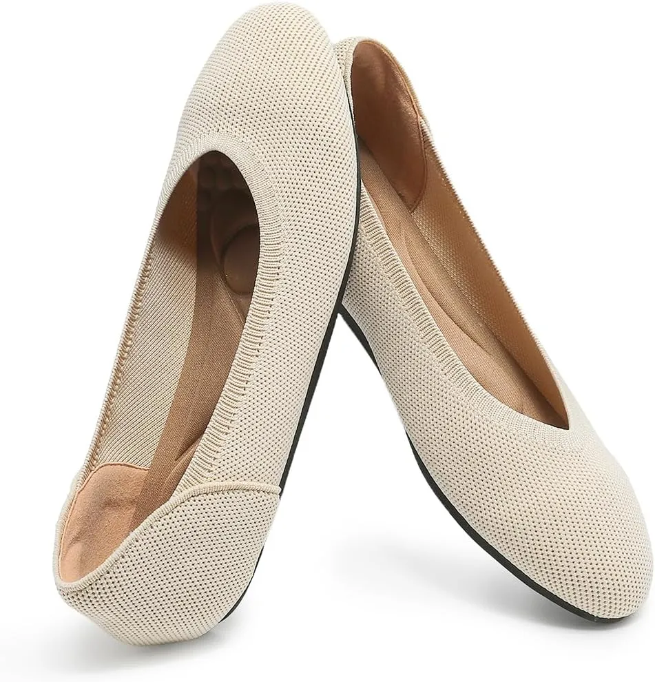 Women's Ballet Flat Knit Round Toe Slip On Walking Comfort Flexible Soft Shoes for Woman Low Wedge