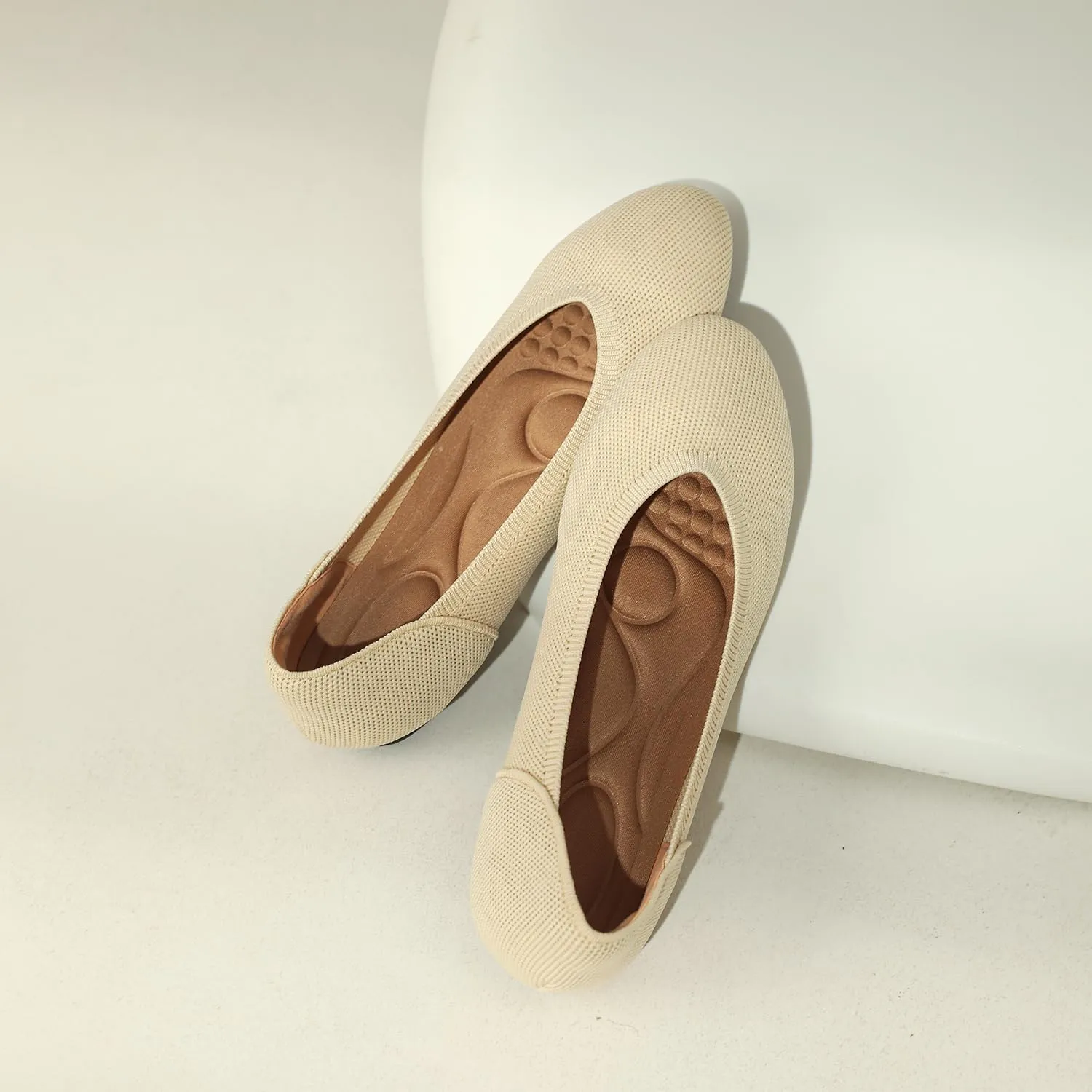 Women's Ballet Flat Knit Round Toe Slip On Walking Comfort Flexible Soft Shoes for Woman Low Wedge
