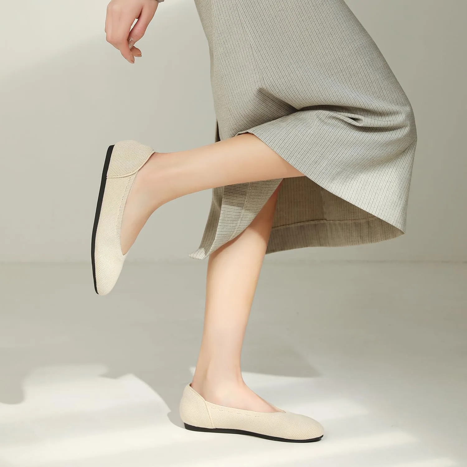 Women's Ballet Flat Knit Round Toe Slip On Walking Comfort Flexible Soft Shoes for Woman Low Wedge