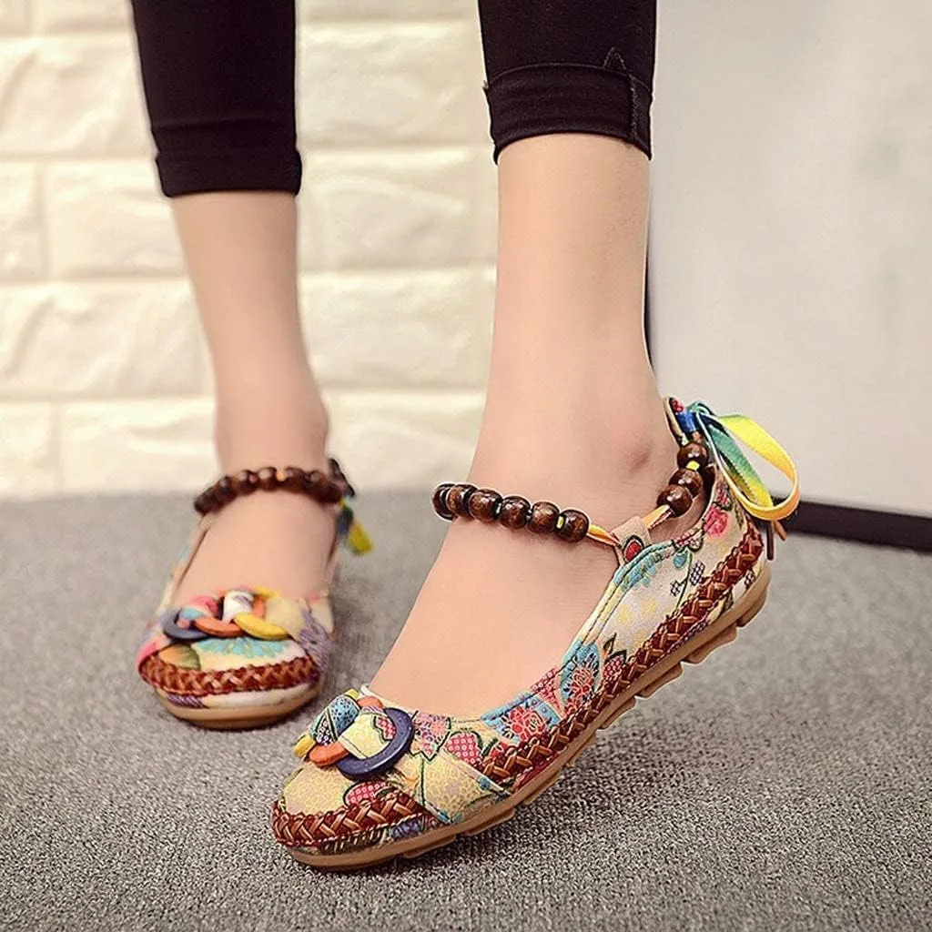 Women's Beading Round Toe Floral Embroidered Shoes Women Lace Up Colorful Casual Ballet Flats Shoes