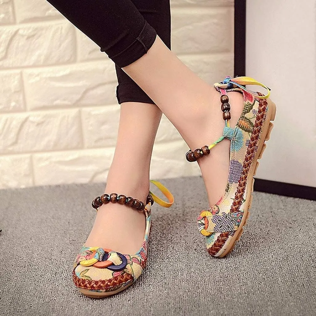 Women's Beading Round Toe Floral Embroidered Shoes Women Lace Up Colorful Casual Ballet Flats Shoes