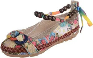Women's Beading Round Toe Floral Embroidered Shoes Women Lace Up Colorful Casual Ballet Flats Shoes