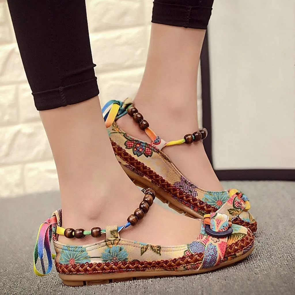 Women's Beading Round Toe Floral Embroidered Shoes Women Lace Up Colorful Casual Ballet Flats Shoes