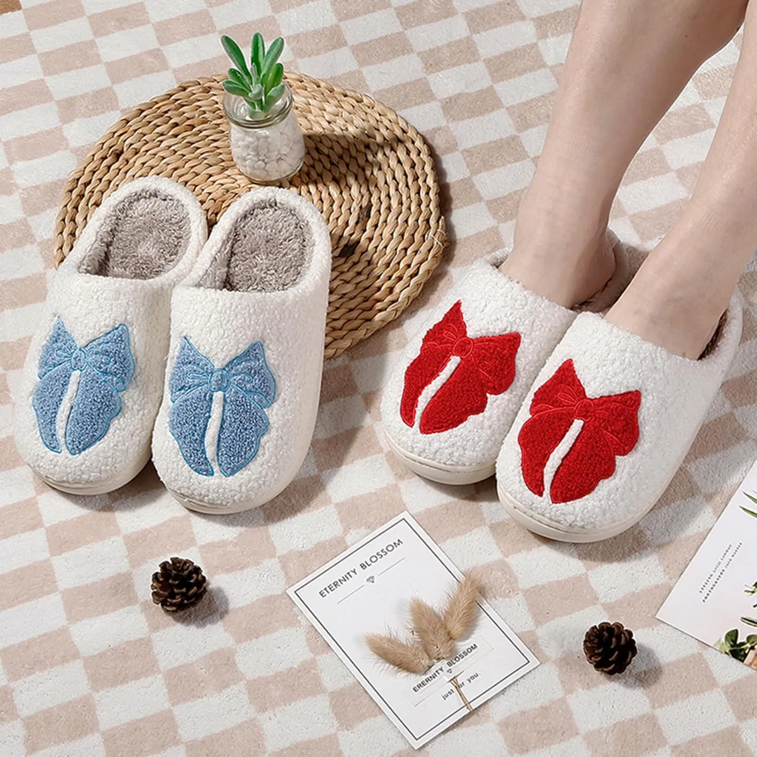 Women's Bow Slippers Fuzzy bowknot slippers Soft Memory Foam Plush Fluffy Warm House Shoes