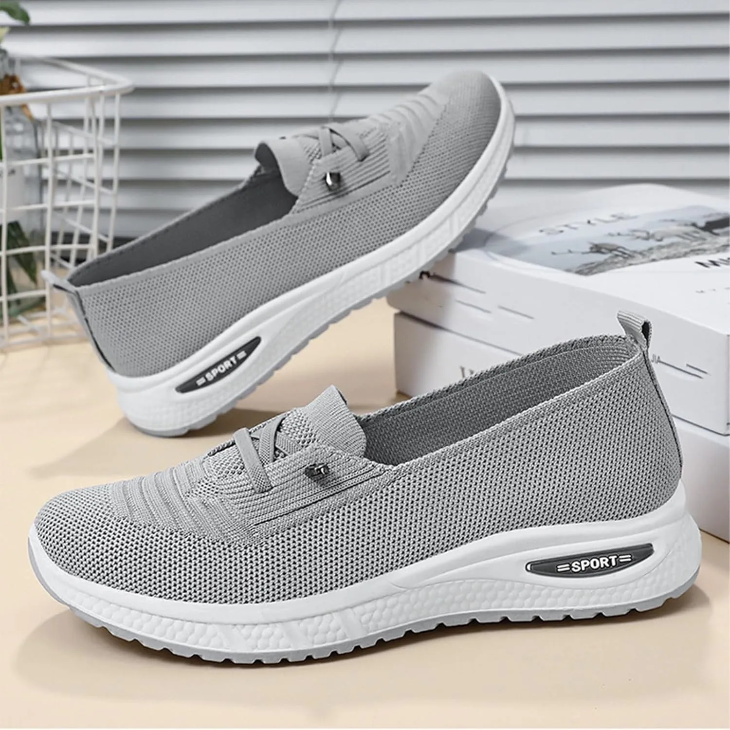 Women's Breathable Knitted Mesh Slip-On Loafers Lace Up Lightweight Orthopedic Low Top Soft Sole Sneakers Platform Non-Slip Outdoor Sport Tennis Shoes