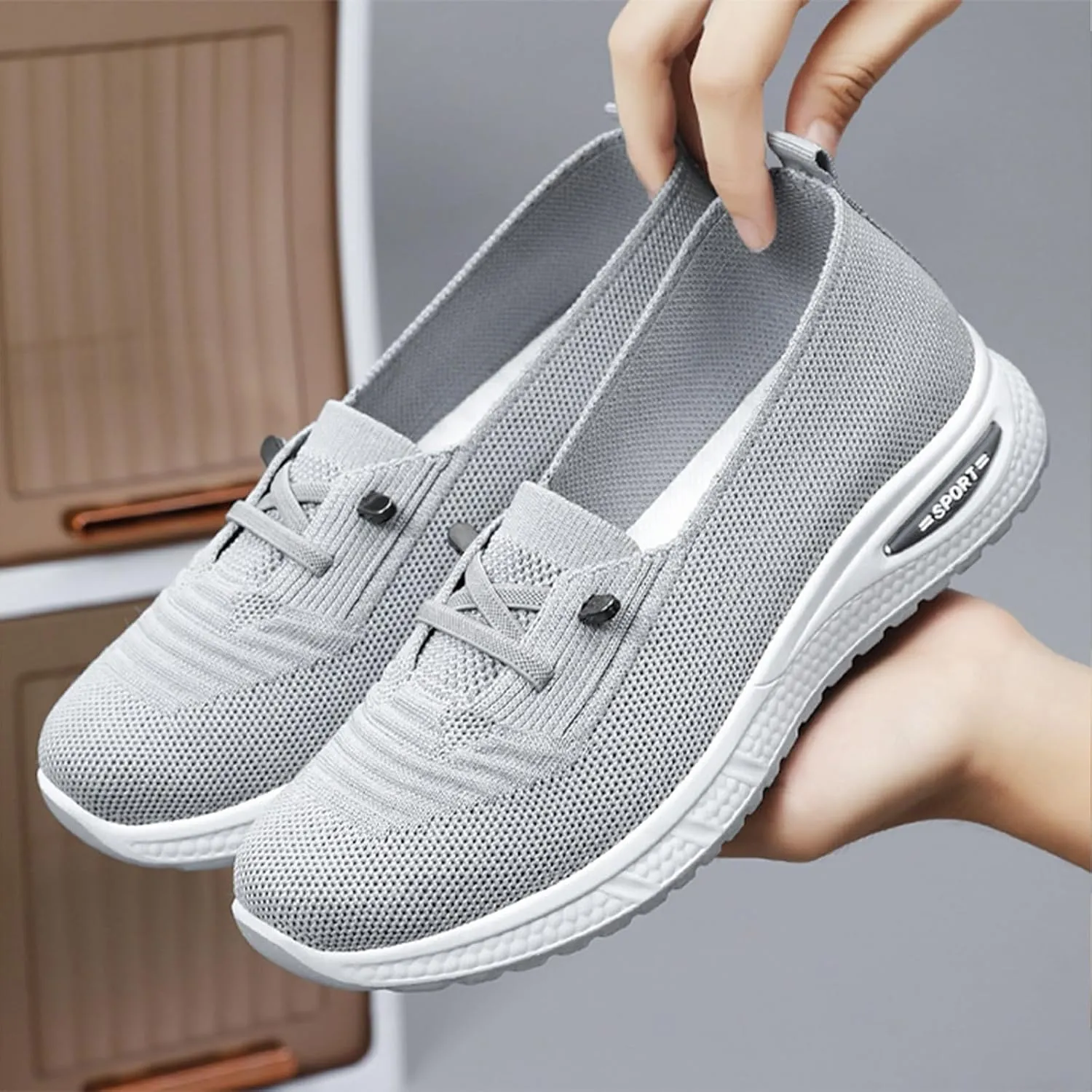 Women's Breathable Knitted Mesh Slip-On Loafers Lace Up Lightweight Orthopedic Low Top Soft Sole Sneakers Platform Non-Slip Outdoor Sport Tennis Shoes