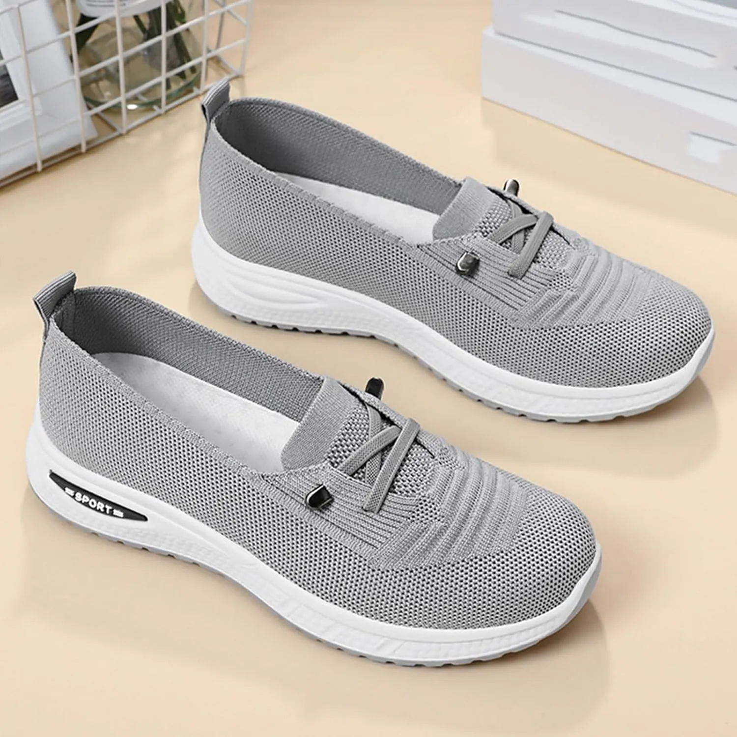 Women's Breathable Knitted Mesh Slip-On Loafers Lace Up Lightweight Orthopedic Low Top Soft Sole Sneakers Platform Non-Slip Outdoor Sport Tennis Shoes