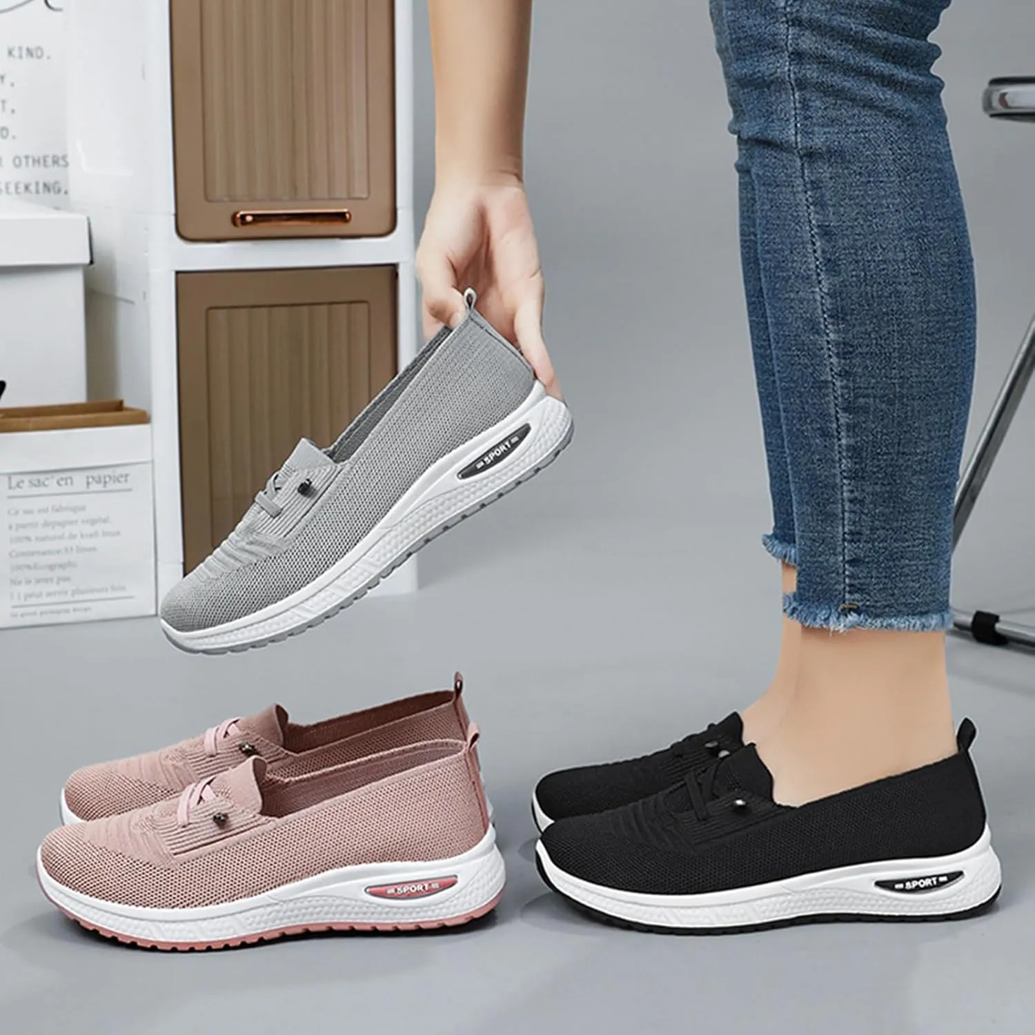 Women's Breathable Knitted Mesh Slip-On Loafers Lace Up Lightweight Orthopedic Low Top Soft Sole Sneakers Platform Non-Slip Outdoor Sport Tennis Shoes