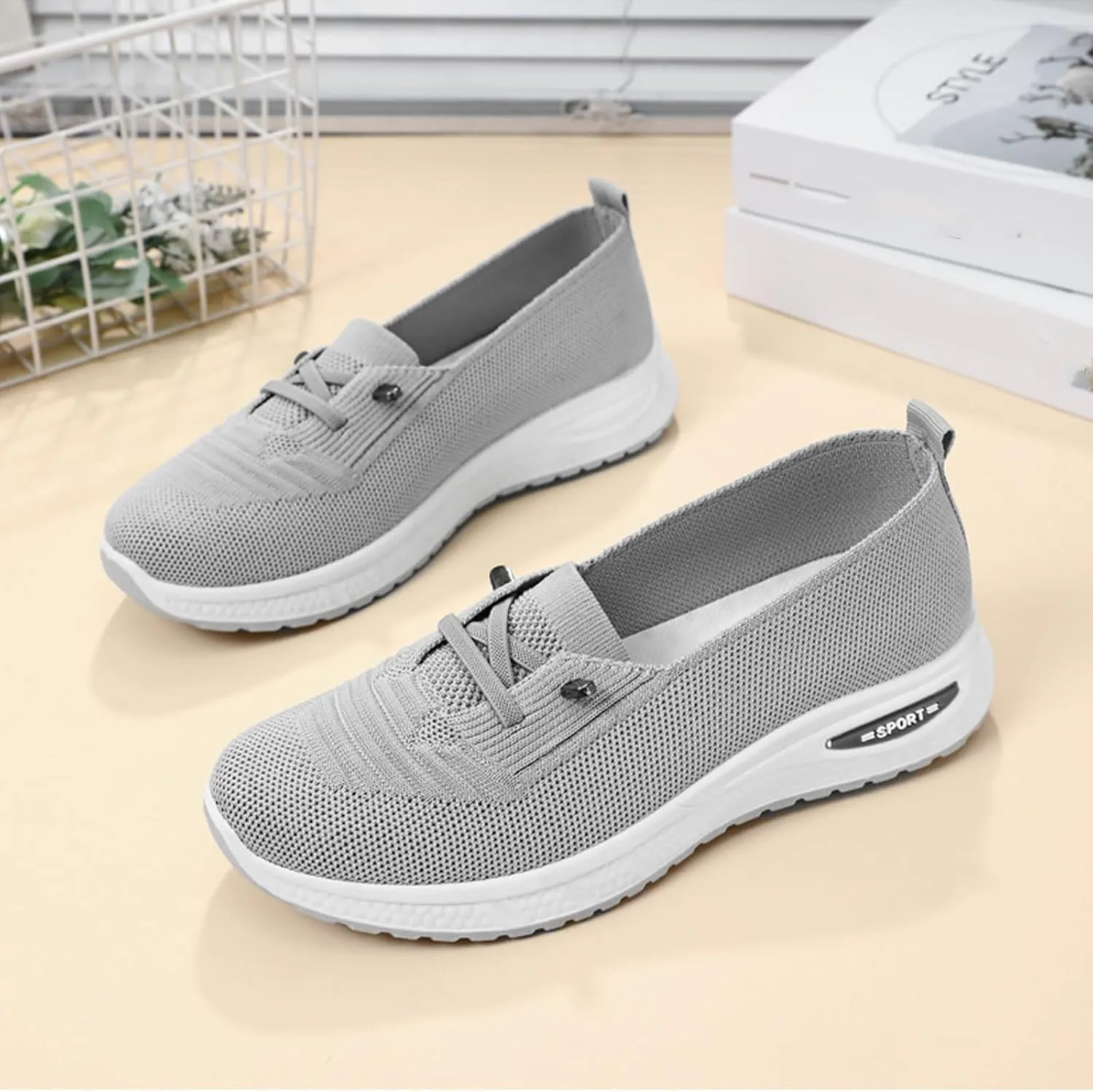 Women's Breathable Knitted Mesh Slip-On Loafers Lace Up Lightweight Orthopedic Low Top Soft Sole Sneakers Platform Non-Slip Outdoor Sport Tennis Shoes
