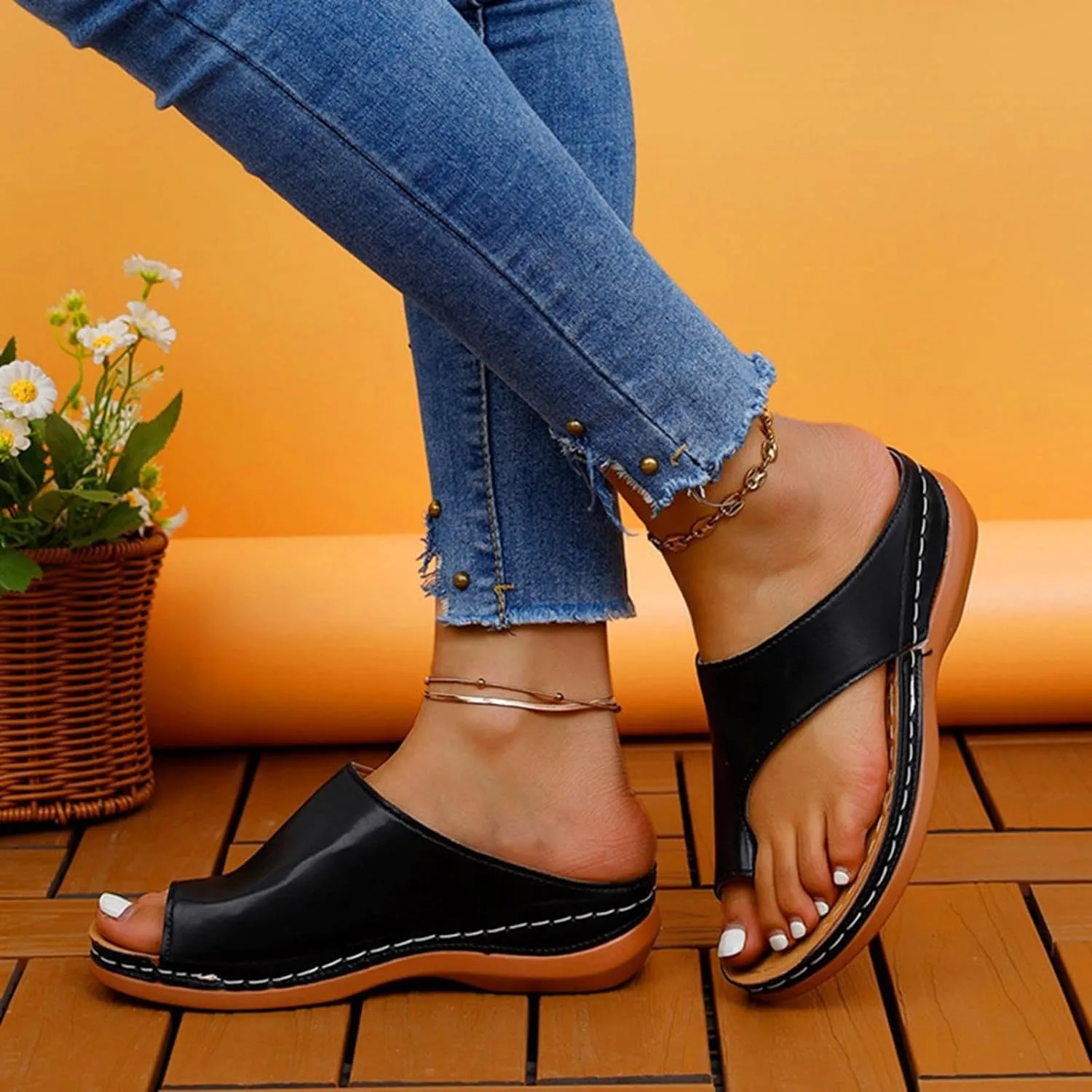 Women's Bunion Platform Sandals Arch Support Toe Ring Slipper Summer Durable Trendy Sandal Height Increasing Shoe
