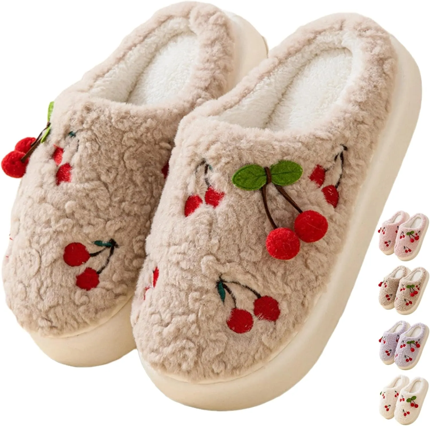 Women's Cherry Slippers Cozy Winter Warm Fuzzy Slippers with Non-Slip Sole Cute Indoor Home Slip On Plush Bedroom House Shoes Gifts