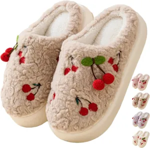 Women's Cherry Slippers Cozy Winter Warm Fuzzy Slippers with Non-Slip Sole Cute Indoor Home Slip On Plush Bedroom House Shoes Gifts